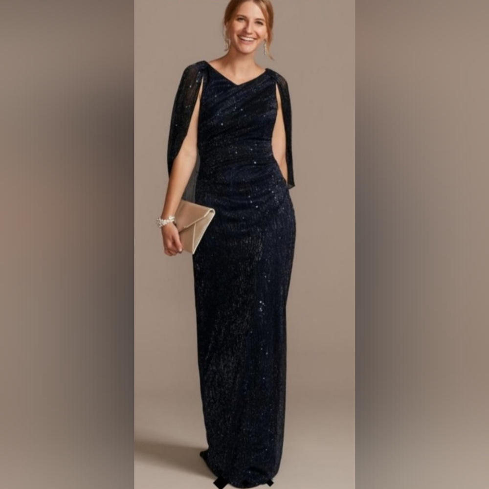 DAVID'S BRIDAL Metallic & Sequin Navy Blue Knit Gown w/ Chiffon Capelet …